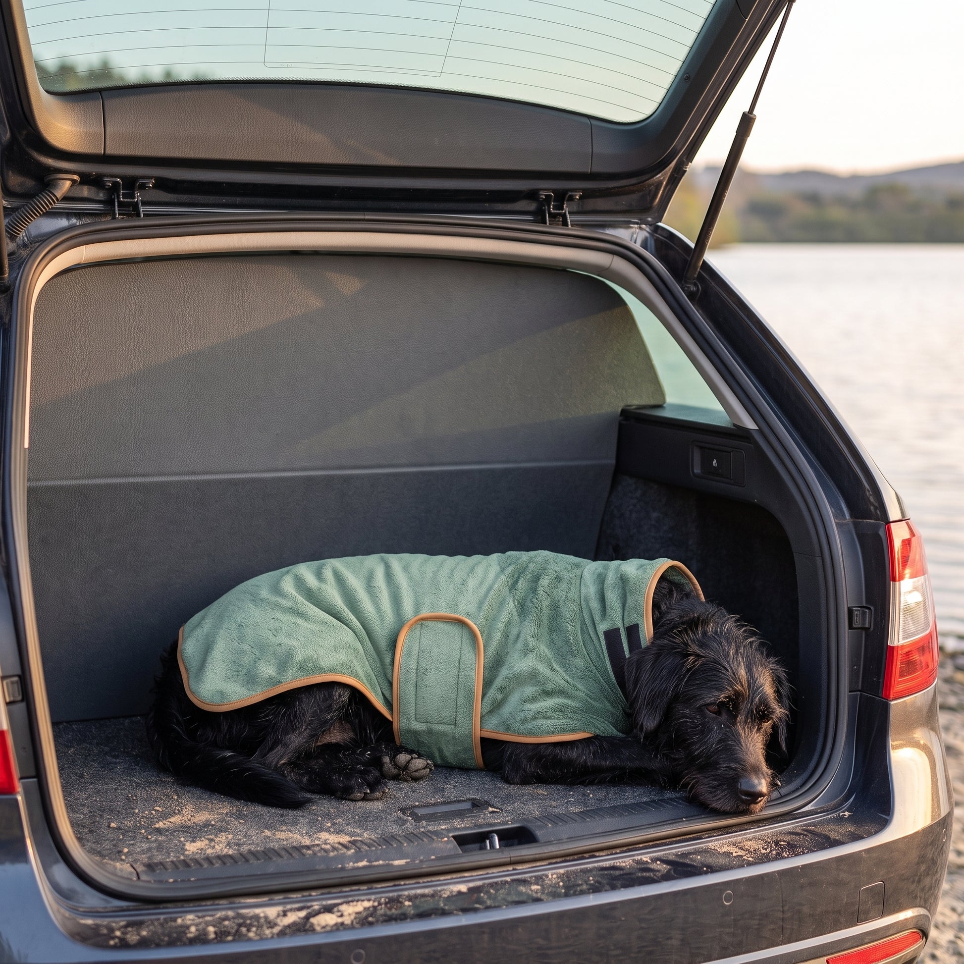 A wet dog asleep in a car boot at sunset wearing the green Dry Dock Robe, beside the water.