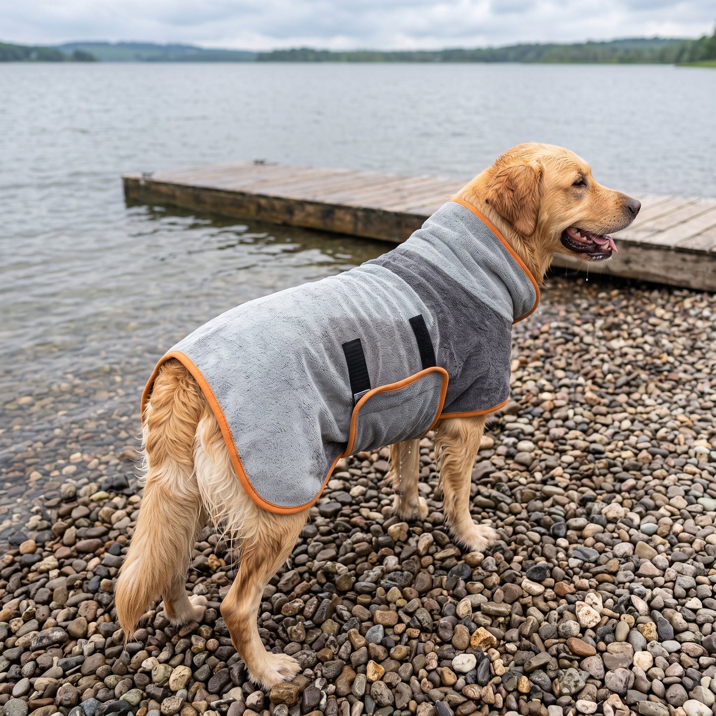 Dry Dock Robe in gray with orange trim, worn by a wet golden retriever on a pebble lake shore, hook-and-loop belly band visible.