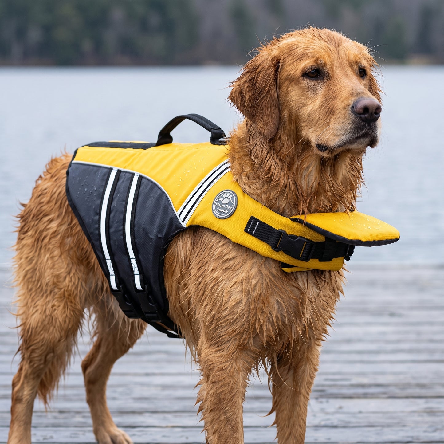 Wavy Life Jacket in Buoy Yellow, worn by a wet retriever standing on a lake dock