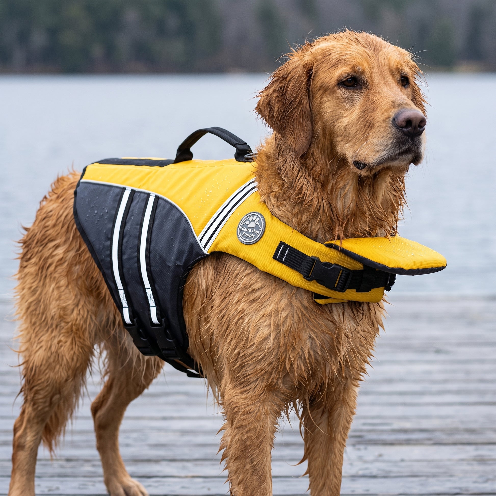 Wavy Life Jacket in Buoy Yellow, worn by a wet retriever standing on a lake dock