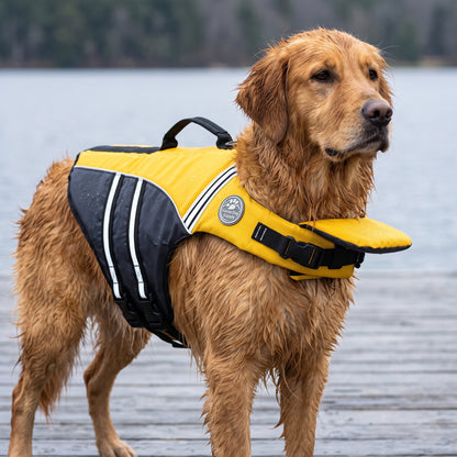 Wavy Life Jacket in Buoy Yellow, worn by a wet retriever standing on a lake dock