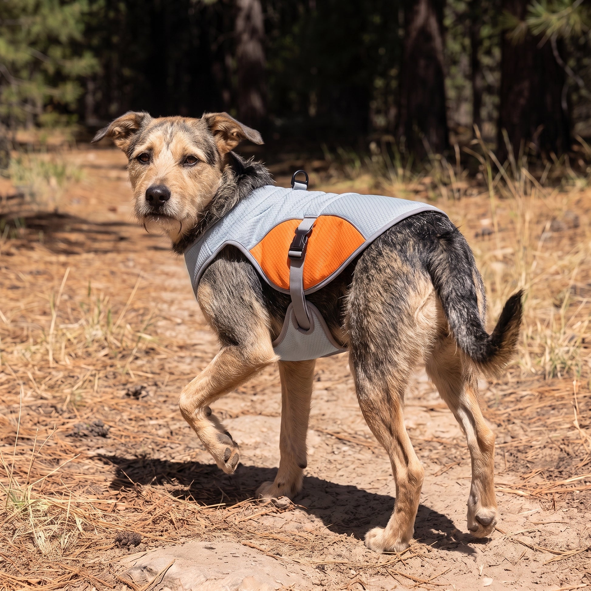 Coldfront Cooling Vest in orange, rear view on the same dog, showing the grey back panel, orange flank panel and reflective trim.