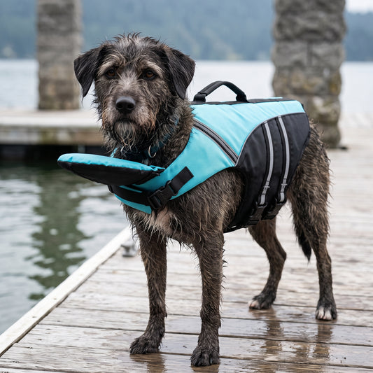 Wavy Life Jacket in Harbor Blue, worn by a wet mixed-breed dog standing on a lake dock