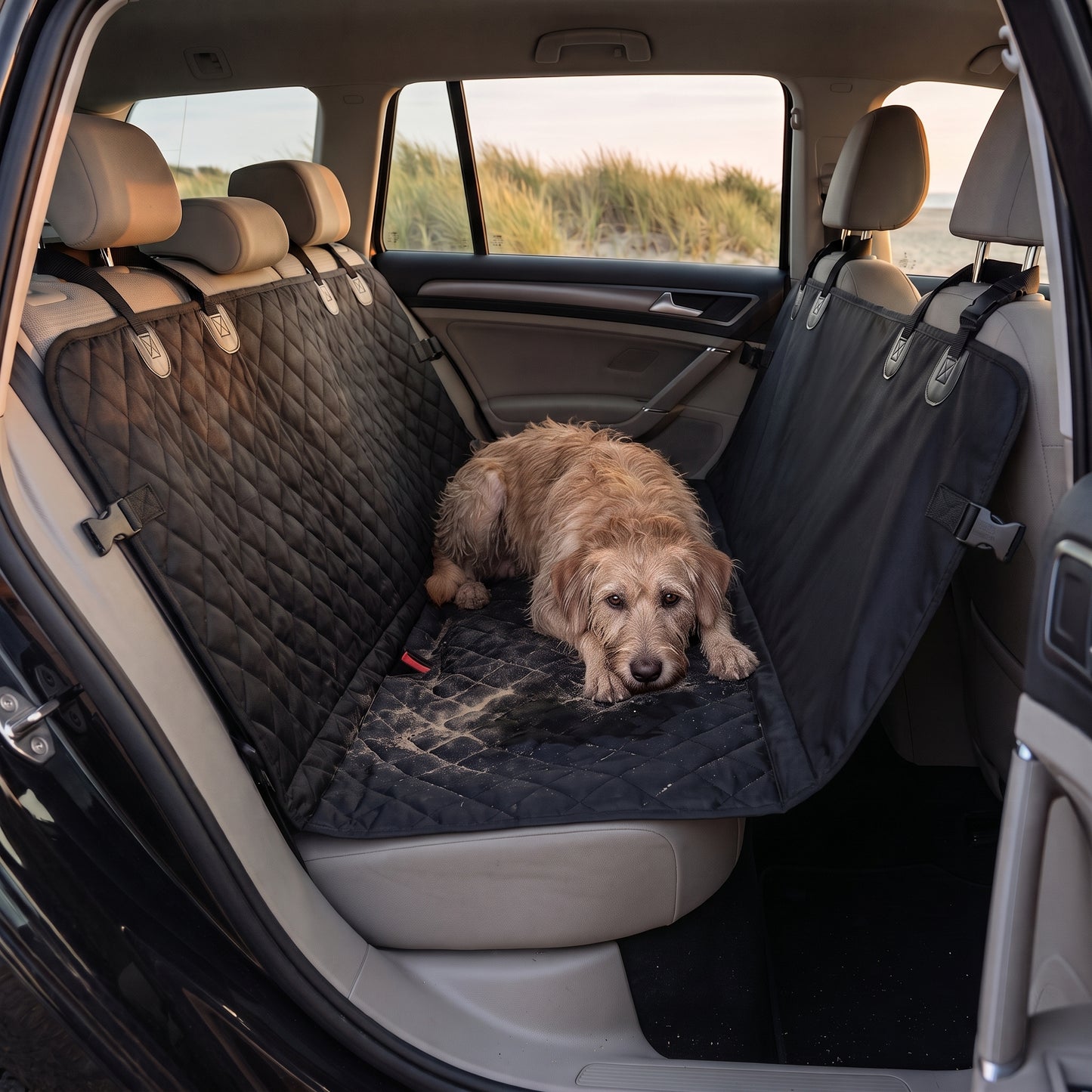 Quilted black seat cover fitted across the rear bench of an estate car, with a wet sandy terrier lying on it