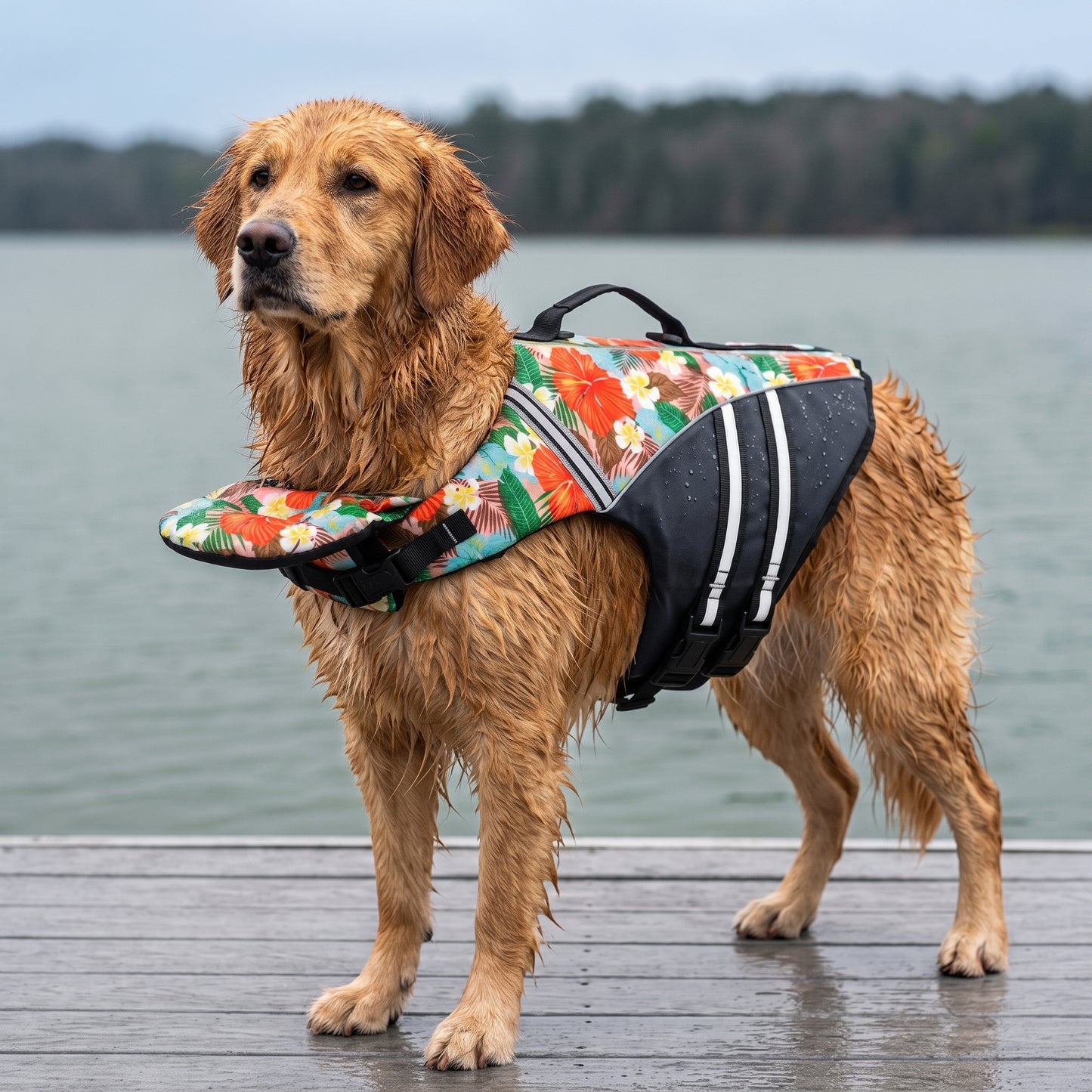 Wavy Life Jacket in Hibiscus print, worn by a wet retriever standing on a lake dock