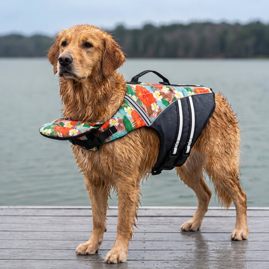 Wavy Life Jacket in Hibiscus print, worn by a wet retriever standing on a lake dock