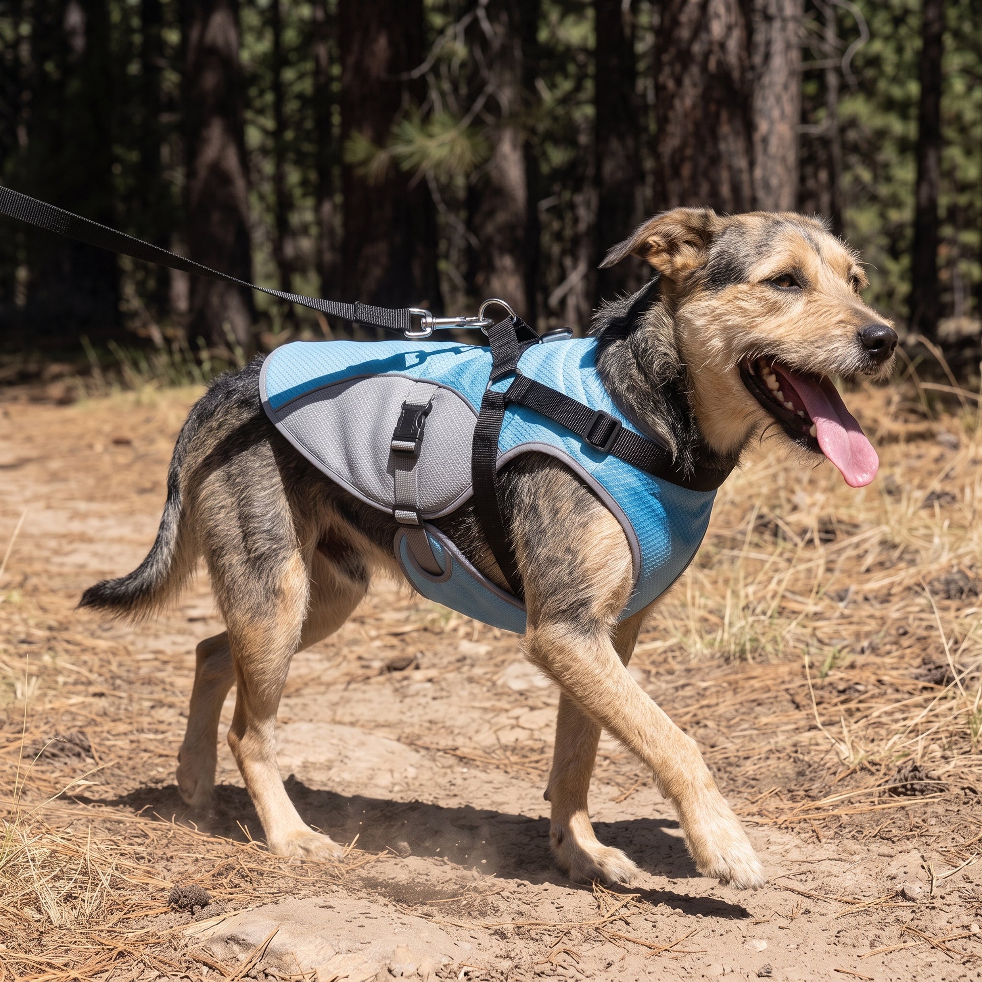 A black walking harness fitted over the blue Coldfront Cooling Vest, with the lead clipped to the harness ring, not the vest.