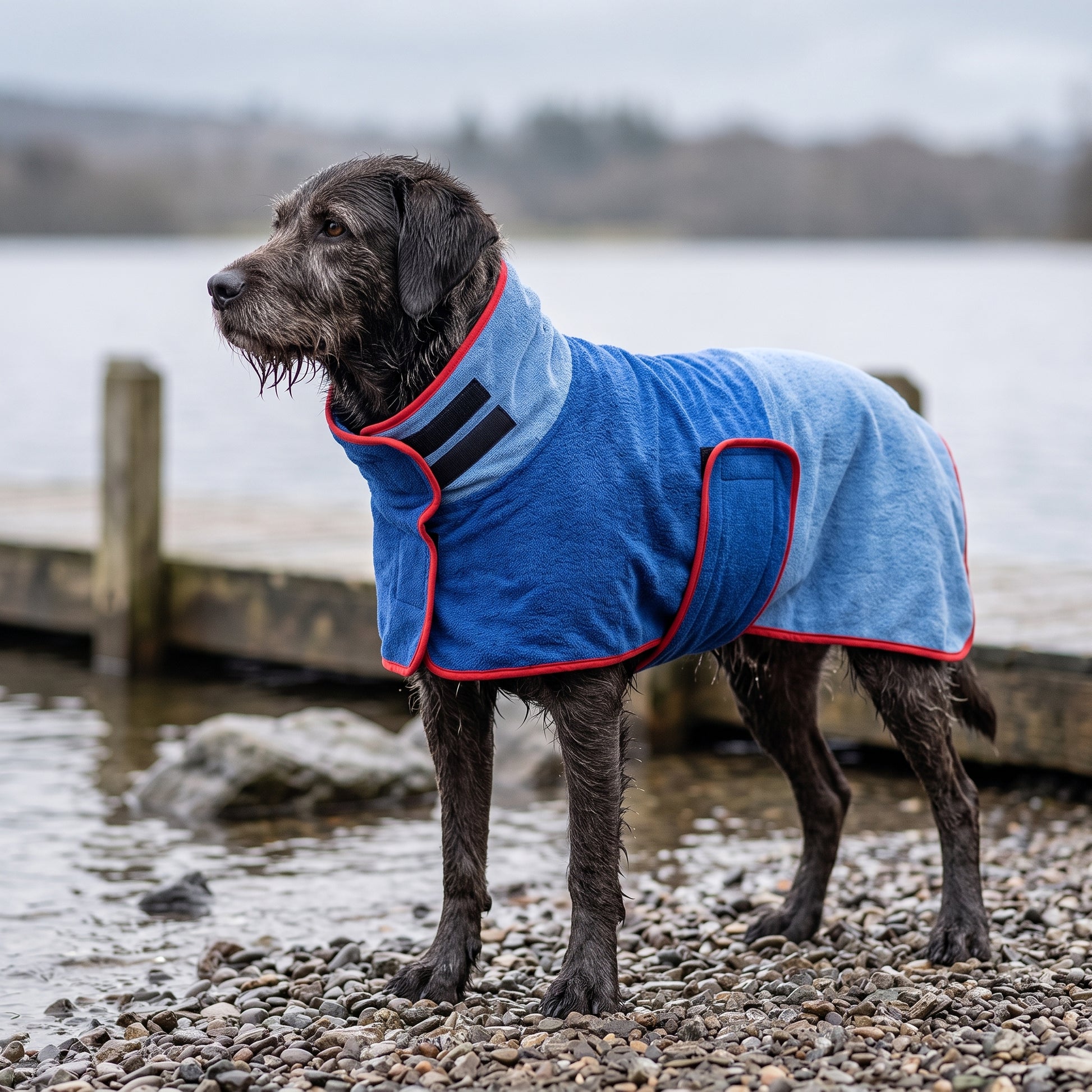 Dry Dock Robe in blue with red trim, worn by a wet dark-coated dog on a pebble shore beside a wooden jetty.