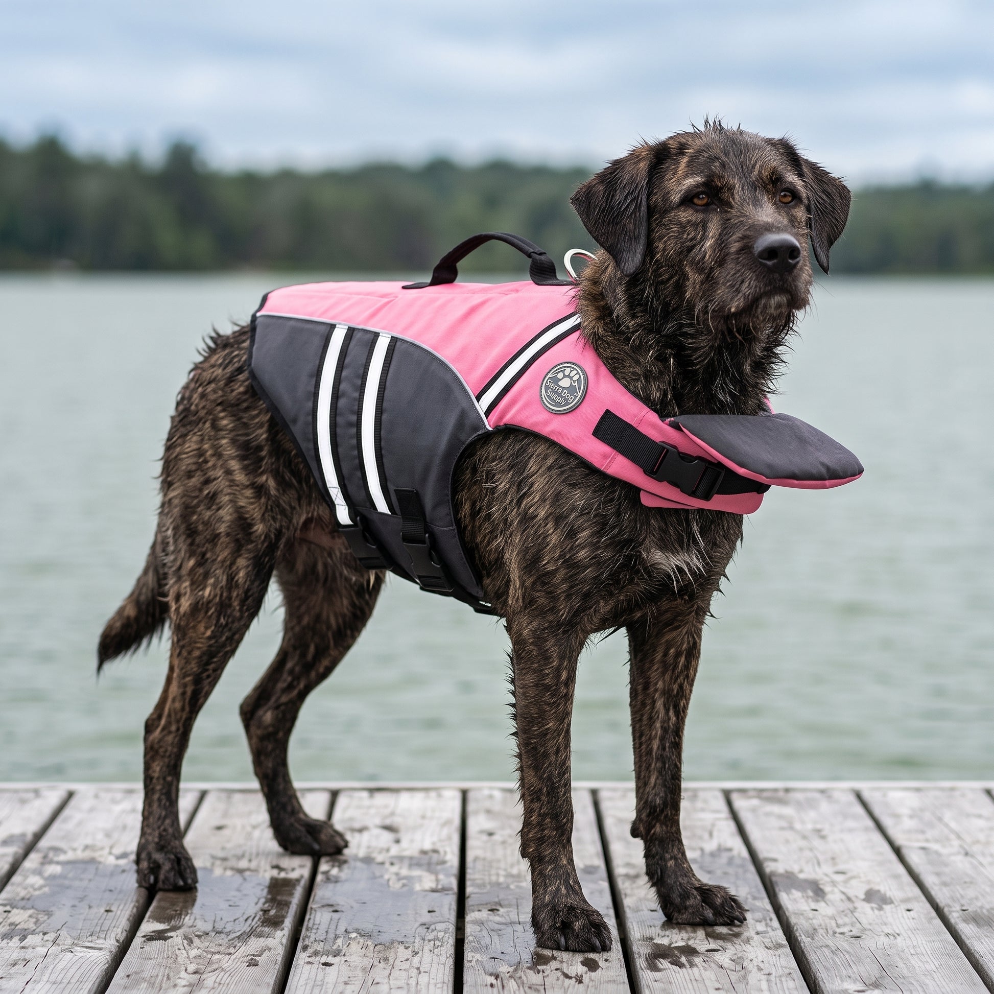 Wavy Life Jacket in Coral, worn by a wet mixed-breed dog standing on a lake dock