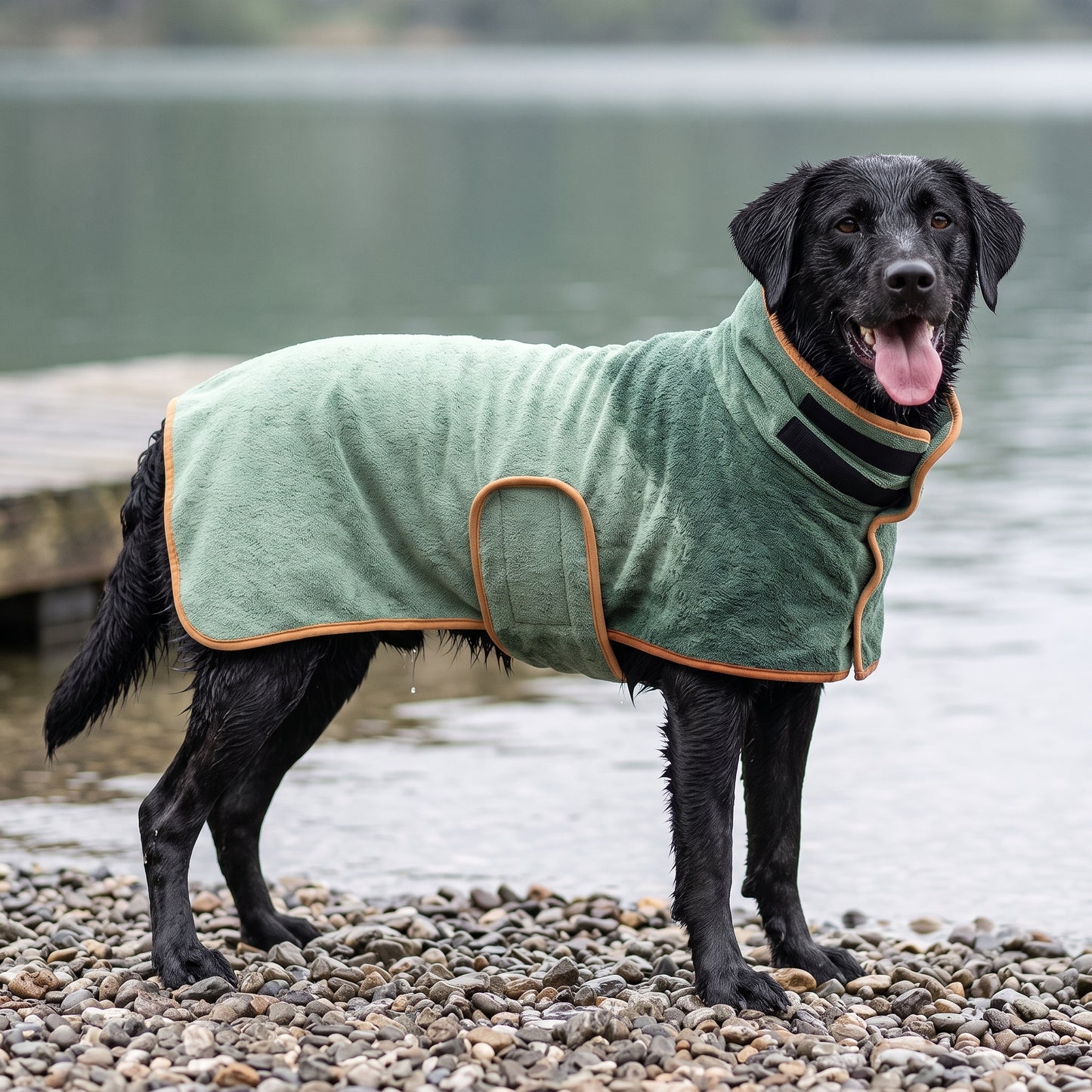 Dry Dock Robe in green with orange trim, worn by a wet black Labrador on a pebble lake shore, showing the fold-over collar.