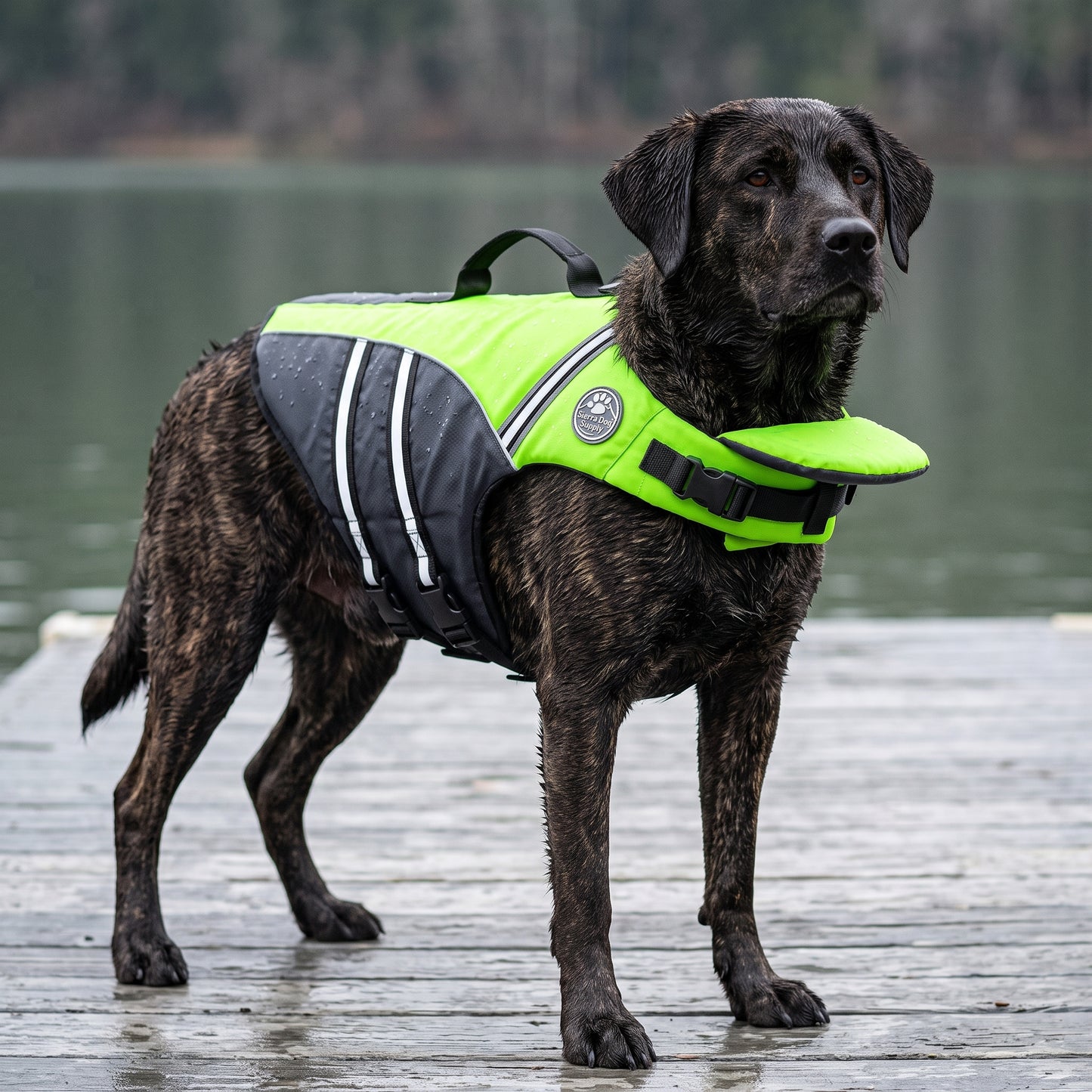 Wavy Life Jacket in Signal Green, worn by a wet mixed-breed dog standing on a lake dock