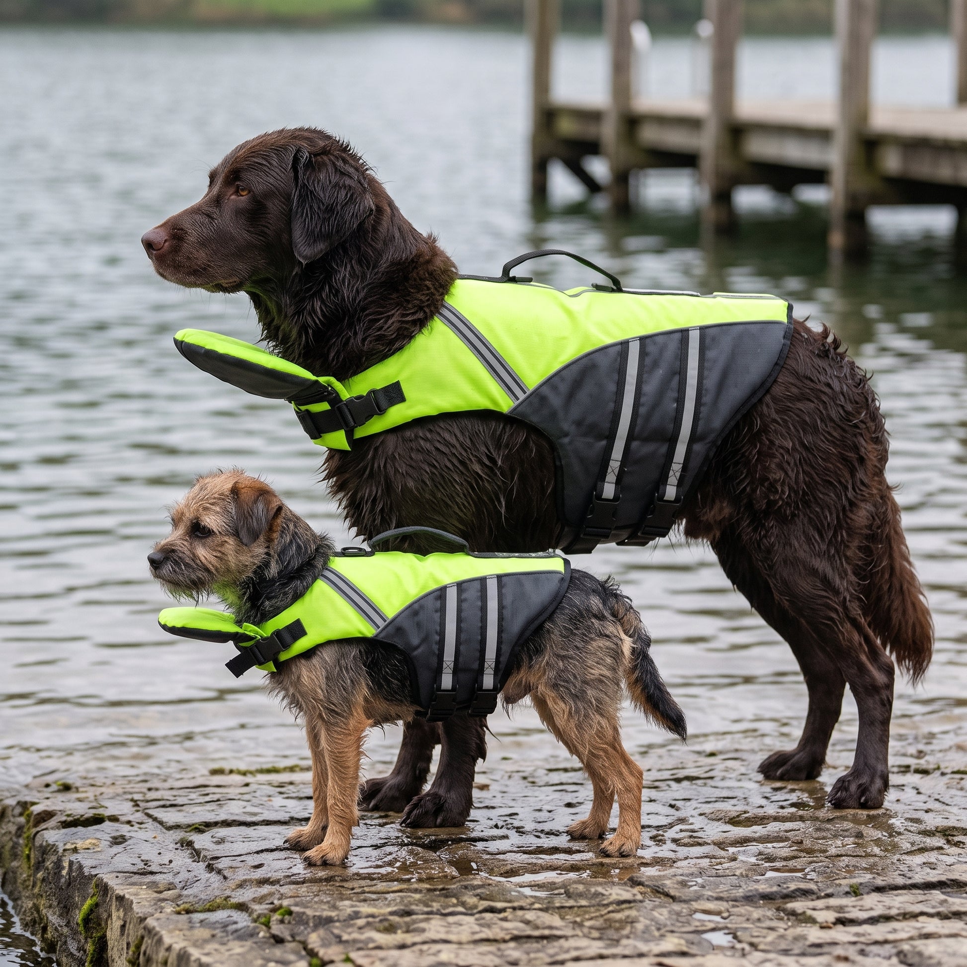 The same life jacket fitted to a large retriever and a small terrier side by side on a wet stone slipway