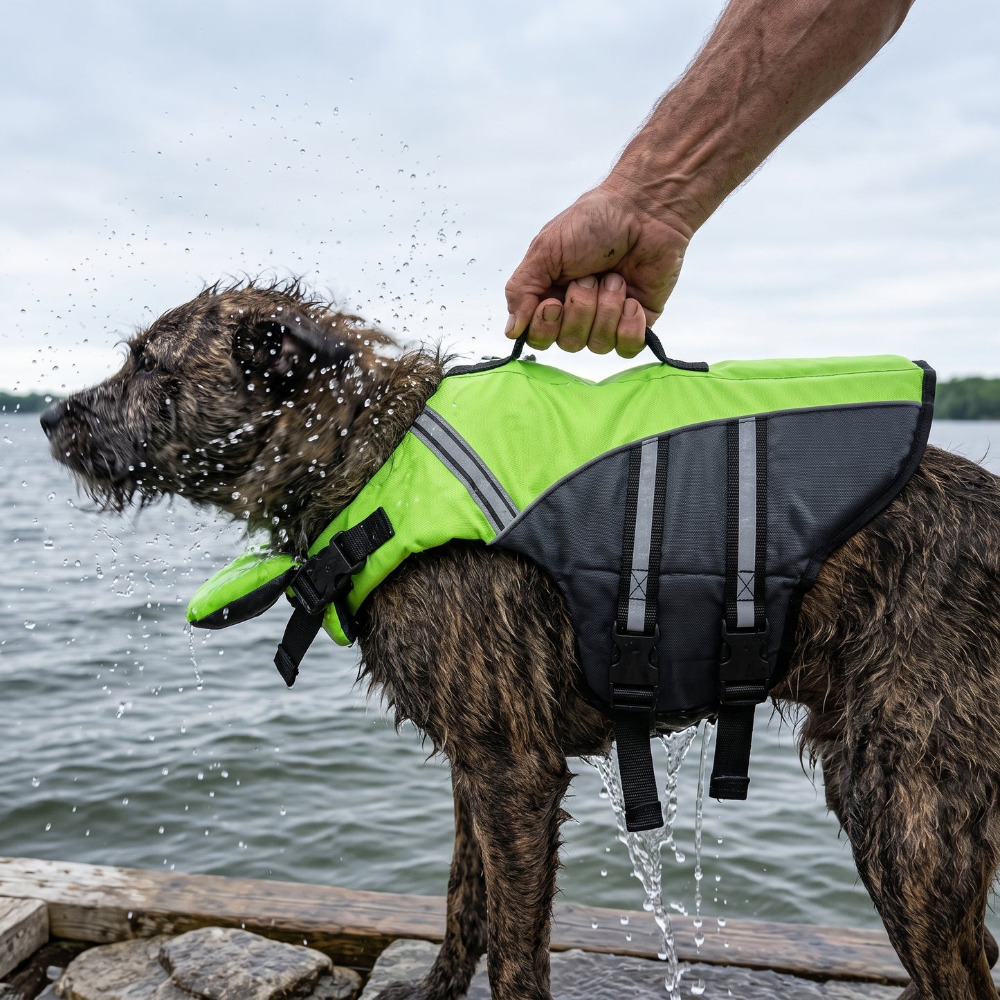 A hand lifting a soaking wet dog clear of the water by the webbing handle on the back of the life jacket