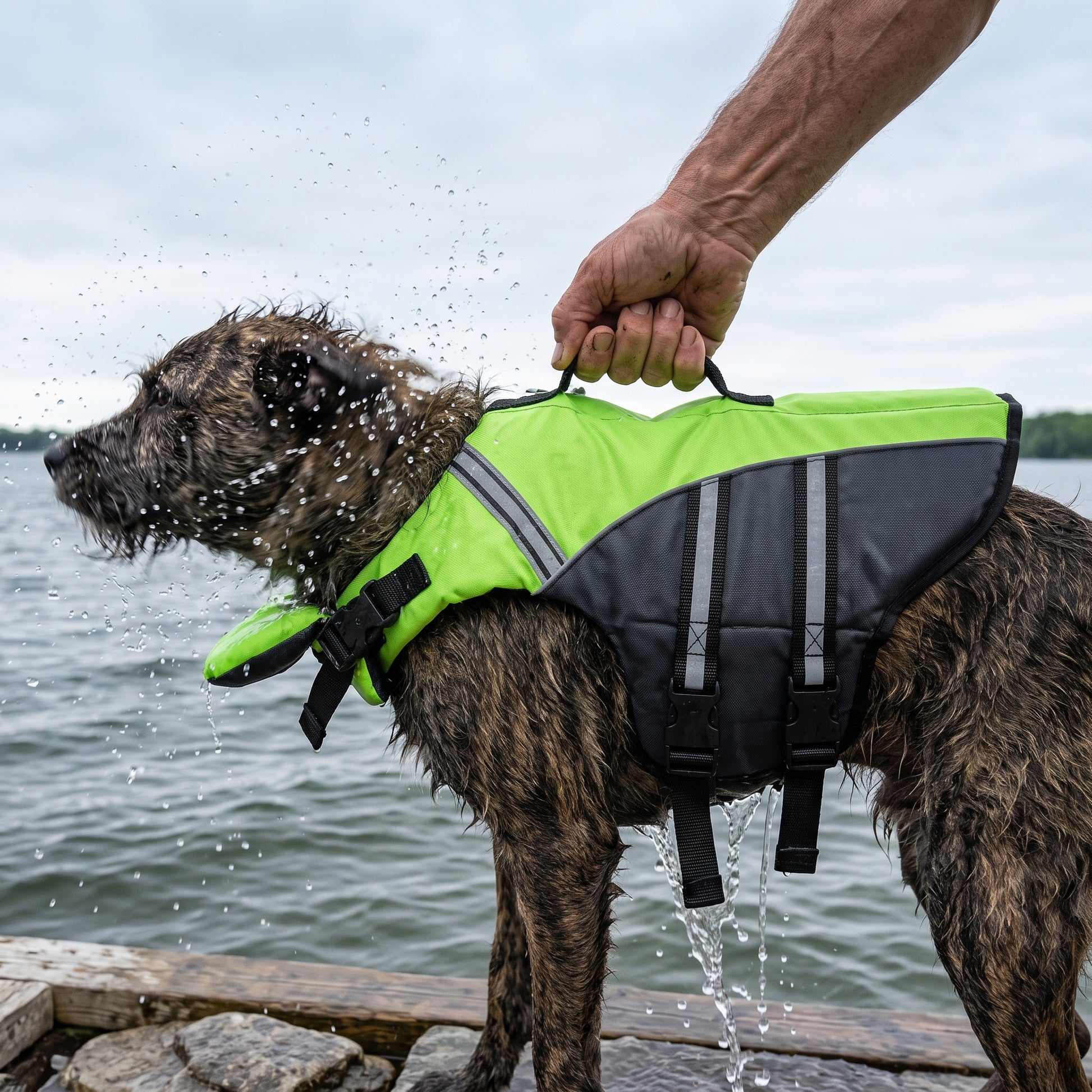 A hand lifting a soaking wet dog clear of the water by the webbing handle on the back of the life jacket