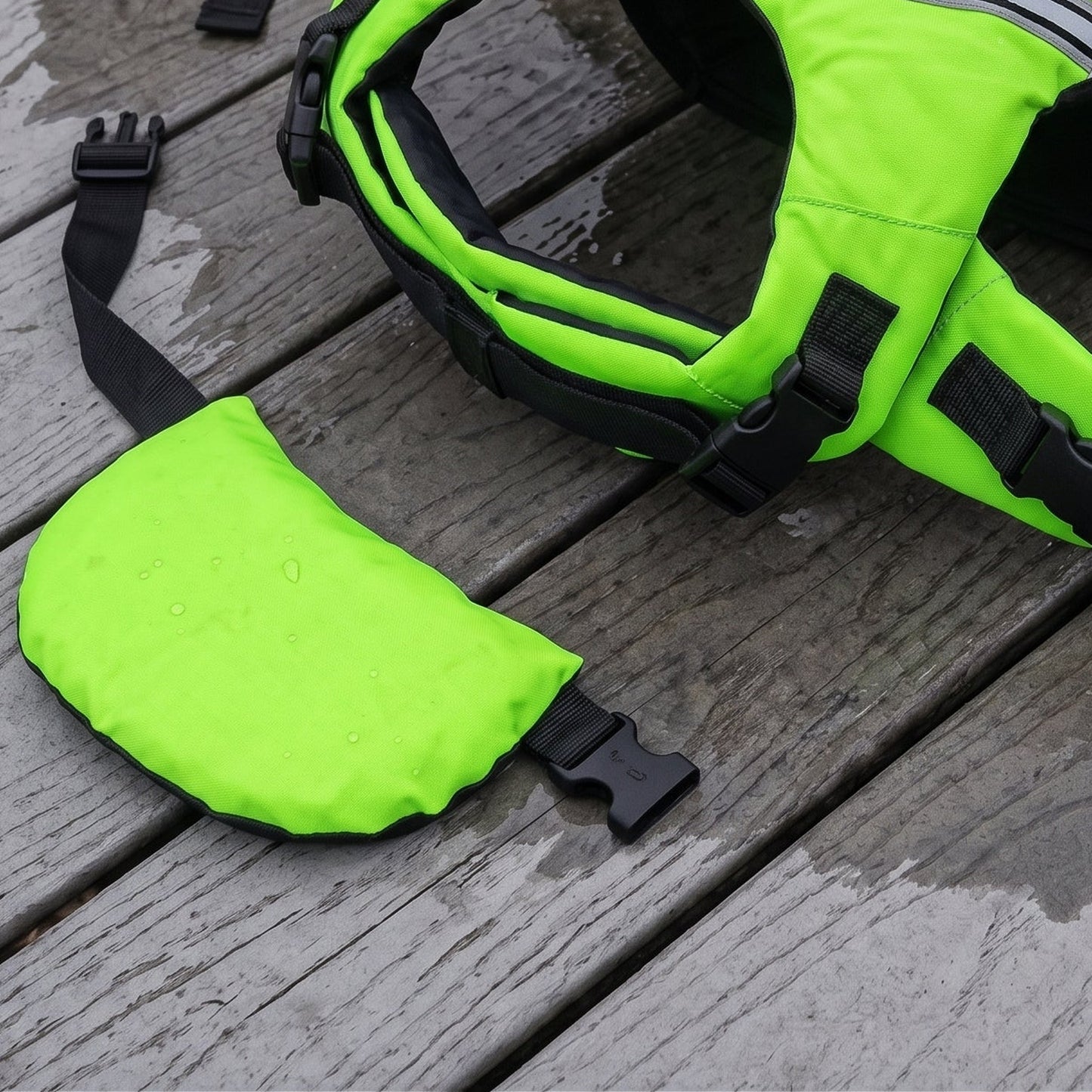 The removable chin float of the Wavy Life Jacket unclipped, lying beside the jacket's belly straps on wet dock timber.